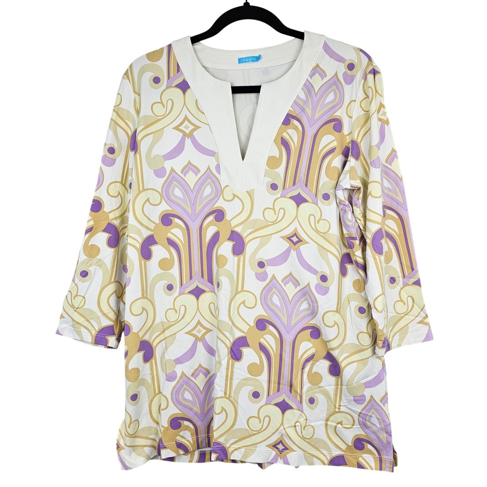 J.McLaughlin Catalina Cloth Tunic Top Purple Gold Scroll Print Women's Large‎